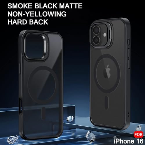 Image of TheGiftKart Hybrid Matte Frosted Back Cover Case for iPhone 16 Compatible with MagSafe | Built-in Stand | Shockproof Hard Back Cover Case for iPhone 16 (PC & TPU, Translucent Black)