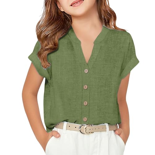 Girls Short Sleeve T Shirts Casual V Neck Button Chiffon Blouse Tops Toddler Girls Summer Plain Colour T-Shirt4