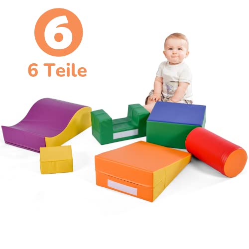 6-teiliges Schaumstoff-Motorikspielzeug mit Halbzylinder, Dreieck und Welle – wasserdichte Kletterblöcke und Krabbeltunnel für Kleinkinder ab 1 Jahr
