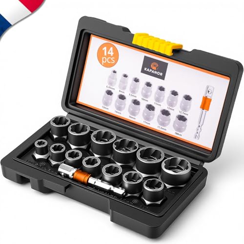 Extracteur Ecrou Antivol Voiture Boulon ✮MARQUE FRANCAISE✮ Kit 13 Douilles Compatible Cliquet 3/8” (+ Adaptateur pour Visseuse/perceuse) ✯GARANTIE✯...