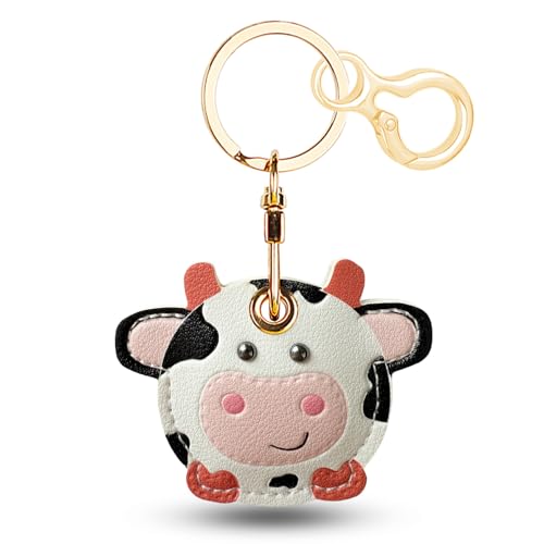 Zhapynil Leather Keychain for Airtag Cute Protective Keychain Holder Compatible with Apple Air Tag GPS Case Cover for Keys(Cow)