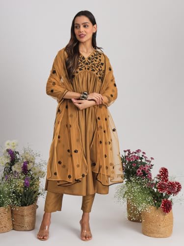 Womanista Women's Poly Silk Kurta Set (Kurtaset_1276_Mustard_42)