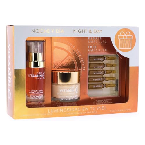 Noche y Día - Pack Regalo Pure Vitamin C Anti-Ox - Crema Facial 60 ml, Serum 30 ml y 5 Ampollas 2 ml - Máxima Hidratación - Hombre y Mujer - Todo Tipo de Piel - Cruelty Free