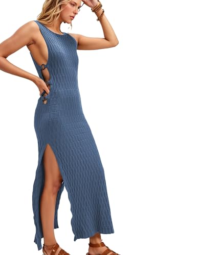 Image of Women's 2025 Summer Bodycon Midi Dress Sleeveless Ribbed Knit Sweater Dresses Vacation Party