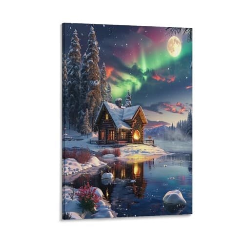 Peinture sur toile Cabane de l'Aurore pour decoration murale de chambre 50x75cm