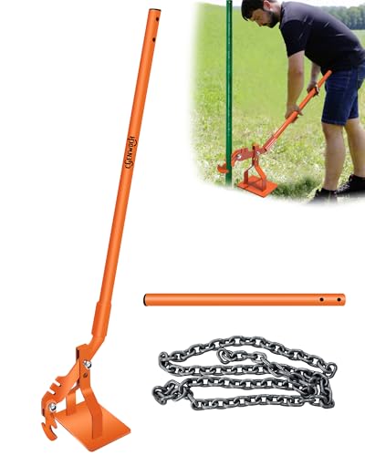 Dual-Purpose Fence Post Puller Portable T Post Stake Puller Tool Fit for Small Wood Piles Steel Bars Fences T-Post Concrete Stake 2 Types of Clips + Iron Chain