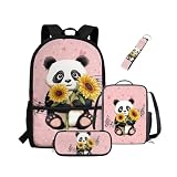 NETILGEN Rucksack für Mädchen, Kinder, Büchertasche mit wärmeisolierter Lunchbox, Federmäppchen, Schlüsselanhänger, 4-teiliges Set, Büchertasche mit Fächern, Sonnenblumen-Panda, Kinderrucksack