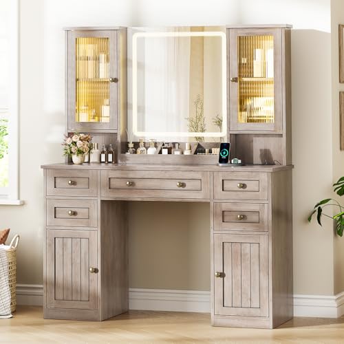 MSmask Vanity Desk with LED Mirror & 3 Color Modes, Large Makeup Vanity with 2 RGB Lights Cabinets, Glass Top Vanity Table with 5 Drawers & Power Outlet, Farmhouse Vanity, Rustic Oak