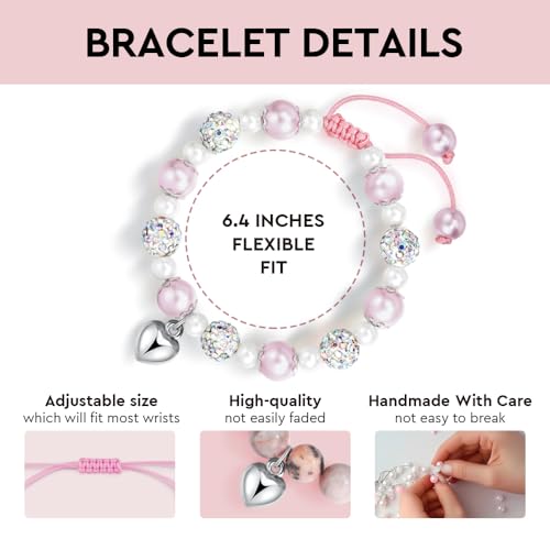 Heart Pearl and Rhinestone Balls Pink Adjustable Bracelet&Card Birthday Gifts for age: 5-9 Year Old Daughter Daughter Big Sister Teen Girls Granddaughter Niece,Back to school Easter Gifts-622