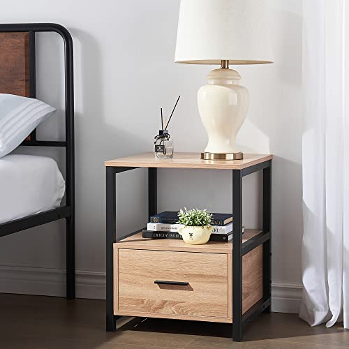 Vecelo Nightstand Set Of 2 With Drawer Modern Square End Side Table For Storage Open Shelf In Bedroom, Living Room, Small Space, Stable Metal Frame, Oak, 2 Pack #TOP3