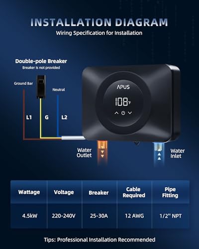Image of APUS Tankless Water Heater Electric 240V, 4500W Instant On Demand Hot Water Heaters, Under Sink Point of Use Water Heater, LED Digital Display, Ultra Compact for Kitchen, Bathroom, Laundry