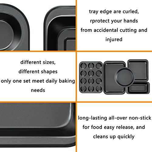 Baking Pans Nonstick Set, 5-Piece Bakeware Sets With Round/Square Cake Pan, Muffin Pan, Loaf Pan, Roast Pan, Baking Sheets For Oven Nonstick, Mobzio Kitchen Cookware Sets Baking Supplies #TOP3