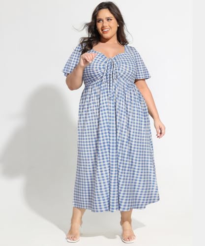 Image of CARCOS Plus Size Dresses for Curvy Women Tie Sweetheart Neck Summer Maxi Dress Short Sleeve Empire Waist Floral Boho Dress