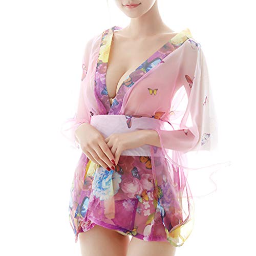 最安値 超セクシー ミニ着物ドレス 花魁 コスプレ コスチューム 和風 花柄 薄手 シースルー ミニ浴衣 ランジェリー 着物3点セット 粉色蝶舞 の価格比較