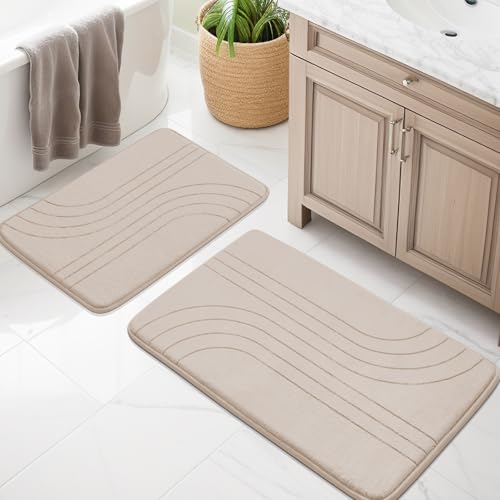 YIHOUSE Beige Bathroom Rug Set 2 Pieces, Soft Non Slip Memory Foam Bath Mats, Extra Thick Bath Mats for Bathroom, Machine Washable Bath Rugs Set for Tub, Toilet and Floor
