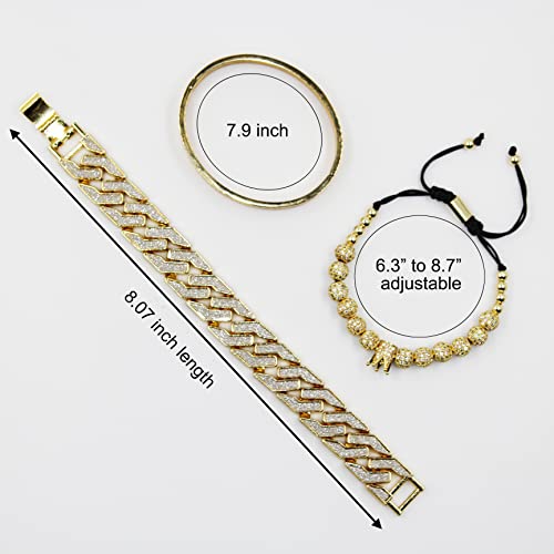 Innocence Imperial Crown King 18K Gold Cz Beads Cuff Bracelet Luxury Charm Fashion Cuban Link Bangle Jewelry Set For Men Women (A Gold) #TOP5