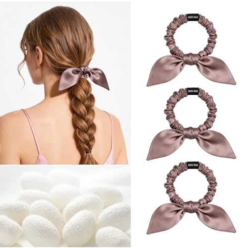 Image of THXSILK 100% Mulberry Silk Bow Scrunchies 3-Pack, 22 Momme Mulberry Silk Hair Ties for Women, Cute Bunny Ear No Damage Ponytail Holders, Fashion Hair Accessories for Girls(S, Purple)