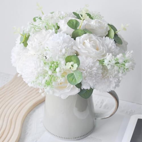 HoYuanFlo Künstliche Rose Chrysantheme Ball Blumen Baby Atem Gefälschte Blumen Eukalyptus Blätter Blumenstrauß DIY für Home Dekoration Büro Kaffeehaus Partys Hochzeit ohne Vase (Weiß)