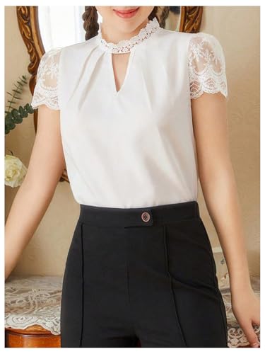 SweatyRocks Girl's Mock Neck Lace Blouse Cut Out Puff Short Sleeve Pleated Shirts4