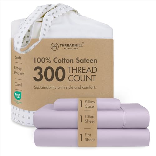 Image of Threadmill 300 Thread Count Cotton Twin Sheet Set, Sateen, Solid, Lilac | 100% Cotton, Sateen Weave, 3-Piece Set, 16 inch Deep Pocket, Cooling, Breathable, OEKO-TEX Certified, Machine Washable