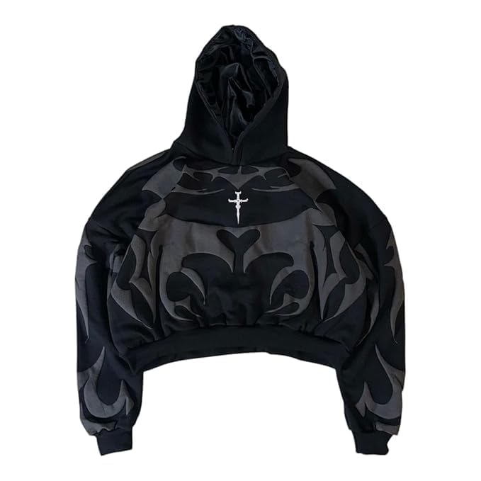 Camo Pattern, Oversized Fit, Graphic Design with Cross Detail | Heavy Cotton Printed Hoodie with Full Sleeve | Trendy Streetwear Hooded Sweatshirt for Winter (Black)