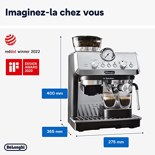 De'Longhi La Specialista Arte EC9155.MB, Machine Expresso Manuelle, Moulin intégré avec 8 finesses de mouture, Contrôle Actif de la Température, Buse vapeur MyLatte Art, Métal/Noir