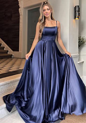 Qqcute Women Spaghetti Strap Prom Dresses Satin A Line Formal Wedding Guest Party Dresses Long Evening Gowns With Pockets Royal Blue Dresses(Us4) #TOP3