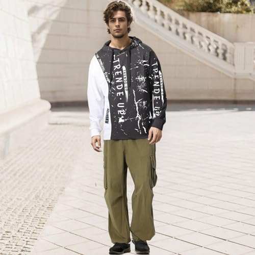 Men's Fashion Hoodies Techwear Soft Cotton Letter Print Sweatshirts, Unisex Lightweight Patchwork Hip Hop Pullover3