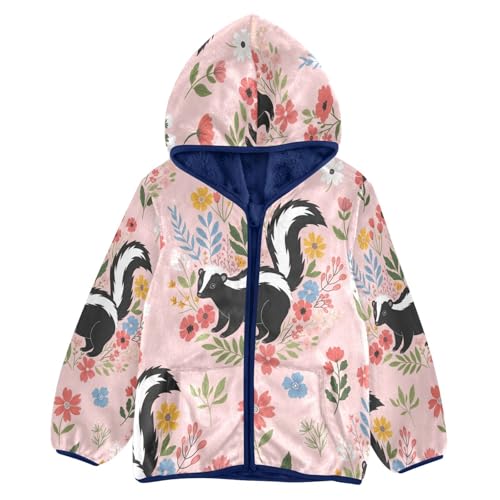 Floral Pattern with Skunks Toddler Fleece Jacket Girl Boys Hooded Fleece Jacket Coat Warm Outwear Zip-up 3-10T