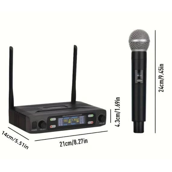 Microfoni dinamici professionali UHF wireless a doppio canale con base ricevente - Nero