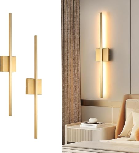 Image of Wall Sconces Set of Two, LED Dimmable Sconces Wall Lighting, Brushed Gold Modern Wall Sconce Light for Bathroom, Living Room, Bedroom, Hardwi