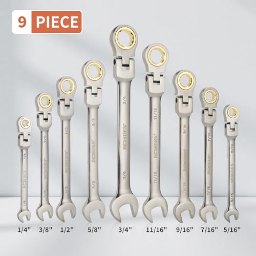 Image of BOOSDEN 9-Piece Flex-Head Ratcheting Wrench Set, SAE 1 /4-3 /4 inch Ratchet Combination Wrench Set with 180 Pivoting Head & Roll-Up Pouch, High-Carbon Steel Wrenches for Auto Repair, Mechanics, Household