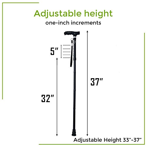 KingGear Travel Adjustable Folding Canes and Walking Sticks for Men and Women - Led Light and Easy Grip Handle for Arthritis Seniors & Disabled - Best Mobility Aids Cane (Black K5)