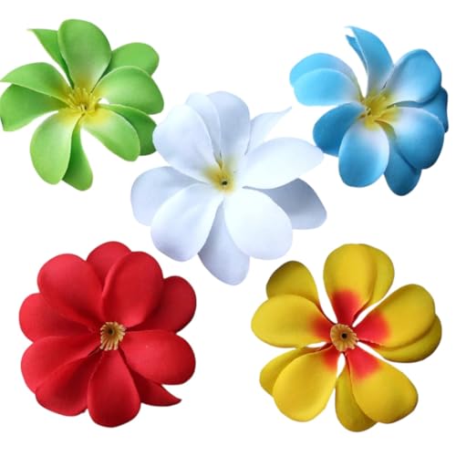 ICRAFY 35 Assorted Hawaiian Plumeria Frangipani Silk Flower Heads - 3" Artificial Flower Fabric Floral Wholesale Wedding Accessory Bridal Hair Clips Headbands Dress 5 Colors