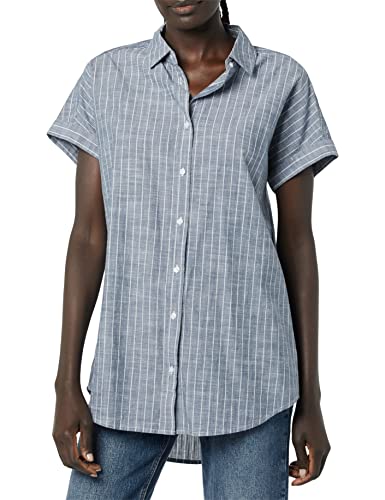 Preisvergleich Produktbild Goodthreads Damen Kurzärmelige Tunika aus Gewaschener Baumwolle, Dunkelblau / Weiß, Nadelstreifen, S