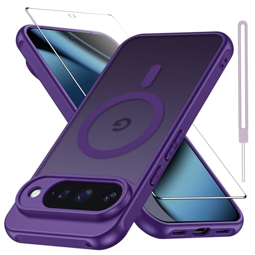 Bimanpap Matte Case for Google Pixel 10/10 Pro 5G with Screen Protector, Compatible with Magsafe,[Wrist Strap] Magnetic Shockproof Military Drop Protection Translucent Back Slim Bumper Cover(Purple)