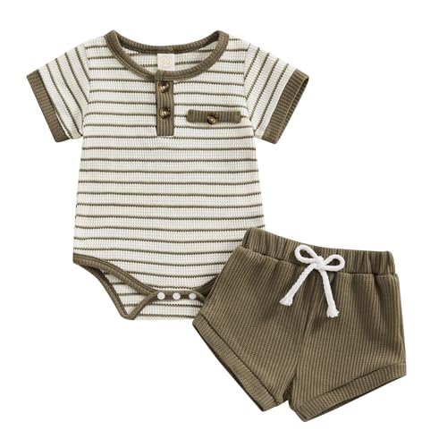 Image of Kuriozud Newborn Baby Boy Summer Clothes Button Short Sleeve Romper Bodysuit Shorts Set Infant Soft Waffle Outfit