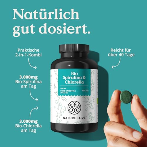 NATURE LOVE® Bio Spirulina + Bio Chlorella - je 3000mg Spirulina & Chlorella pro Tagesdosis - 500 Tabletten - Ohne Zusätze und Bio zertifiziert - Hochdosiert, laborgeprüft und vegan