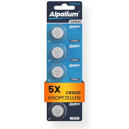 CR1620 Batterie Knopfzellen, 5er Pack, 3V Alpalium, Hohe Leistung für Fernbedienungen, Schlüsselanhänger, CPUs, tragbare und medizinische Geräte, CR 1620 Premium Qualität & Lange Lagerfähigkeit