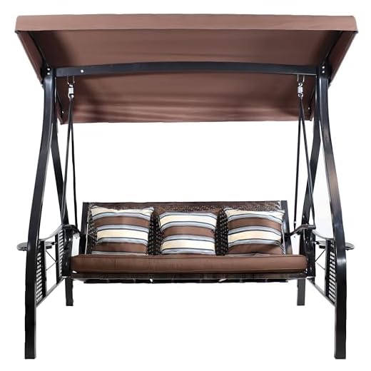 Sunnydaze 3-Seat Deluxe Outdoor Patio Swing with Heavy Duty Steel Frame and Canopy, Brown Stripe Cushions, 600-Pound Weight Capacity
