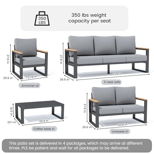 Image of Sundale Outdoor Aluminum Patio Furniture Set, 5 Piece Outdoor Conversation Sets with Coffee Table and 6 inch Thick Olefin Cushions, All Weather Outdoor Sectional Set for Deck, Lawn, Yard (Grey)