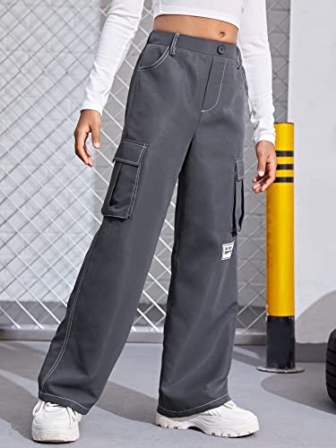 Image of WDIRARA Girl's Letter Patched High Waisted Button Cargo Pants with Pockets Dark Grey 10Y
