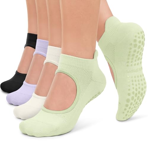 Iseasoo Pilates Socks for Women Non Slip Grip Socks Yoga Socks Ankle Grippy Socks Woman for Barre, Hospital, Barefoot