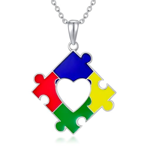 MBSUUH Colar de fita de conscientização do autismo, prata de lei 925, presente para autistas, quebra-cabeças colorido, joalharia com pingente para mulher, Prata, Sem Pedra Preciosa