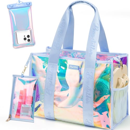 Beach Bag for Women Clear Iridescent Zipper Pool Swim Beach Tote Bag w/Makeup Bag & Waterproof Phone Pouch Summer Essentials