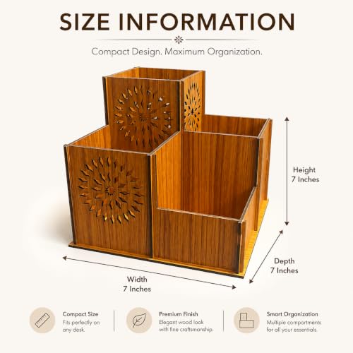 Image of Zesta Wooden Desk Organizer Pen Stand Remote Holder Card Slot | Table Accessory Office Desk Study Room | Pencil Storage Stand Stylish Workspace Decor (Nainteek, 4 Compartment Organiser)