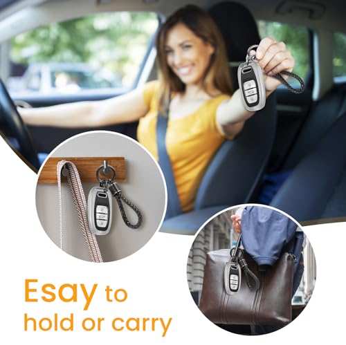Image of Key Fob Cover for Audi, Braided Loop Keychain Accessory, Silver | Wear-resistant TPU shell, short PU braided loop, daily splash, scratch and drop protection, normal signal use, easy setup