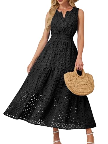 Image of Women 2025 Summer Maxi Dress Casual V Neck Sundress Sleeveless Hollow Out Eyelet a Line Long Flowy Beach Vacation