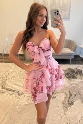 Short Homecoming Dresses for Teens Tiered Floral Prom Dress Sweetheart LW2194