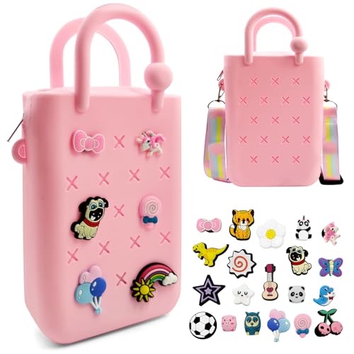HMGES Mini Rubber Beach Tote Bag with Zipper & Adjustable Shoulder Strap Small Silicone Handbag with 20 DIY Charms Personalized Mini Beach Bag Compatible with Crocs Charms for Women & Girls-Pink
